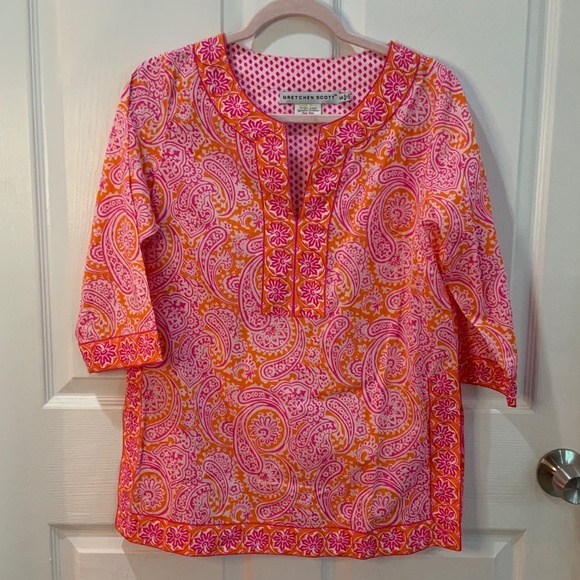 GRETCHEN SCOTT PAISLEY COTTON PINK ORANGE TUNIC SIZE SMALL - Picture 8 of 8